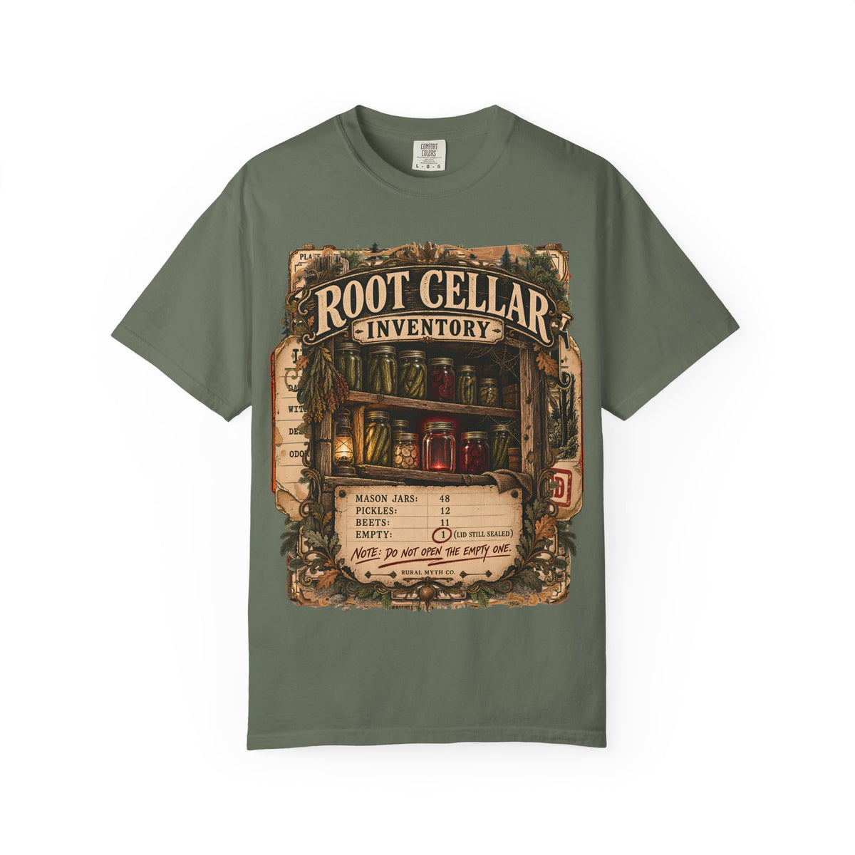 Root Cellar Inventory T-Shirt in Moss, front view