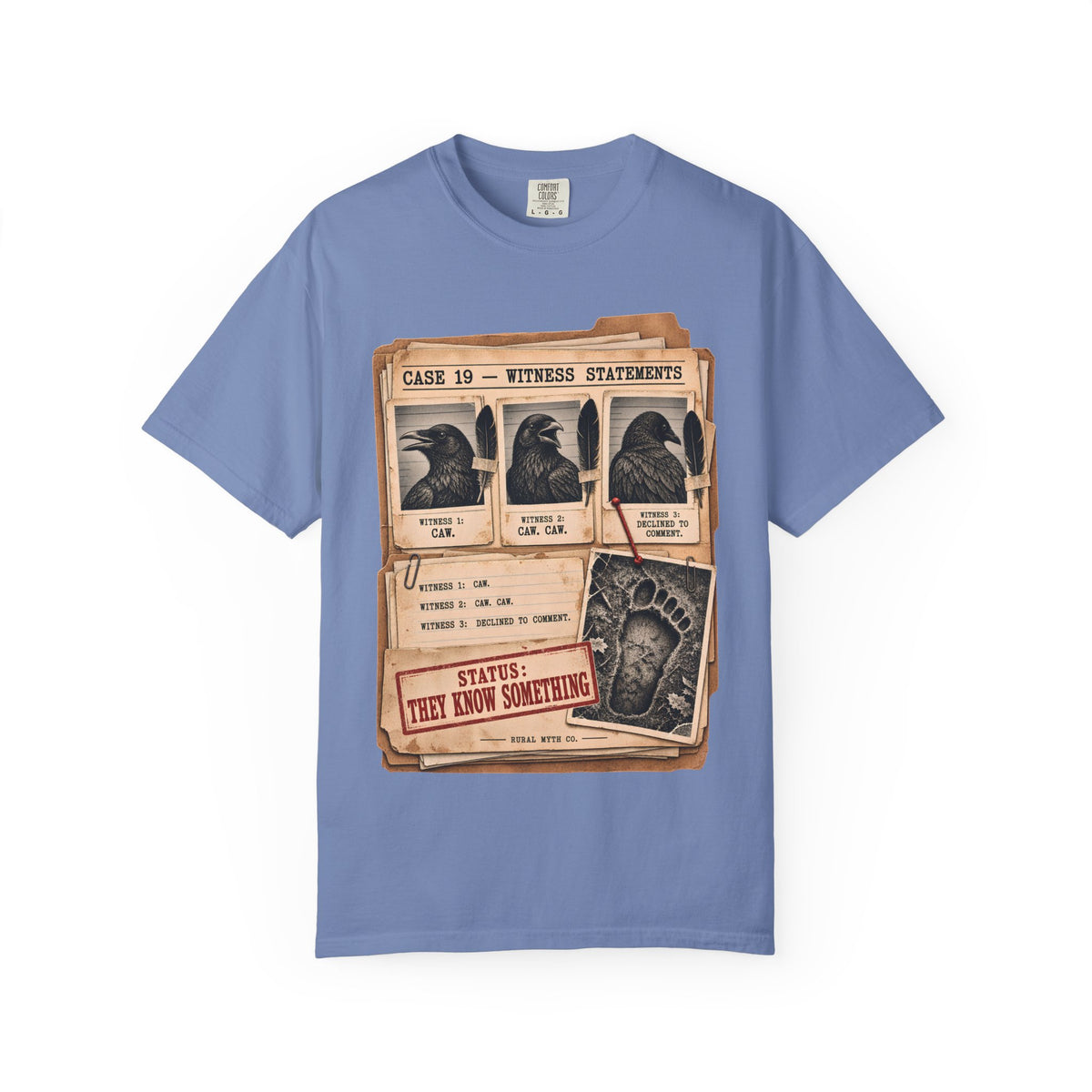 Crow Witness Statements T-Shirt in Washed Denim, front view