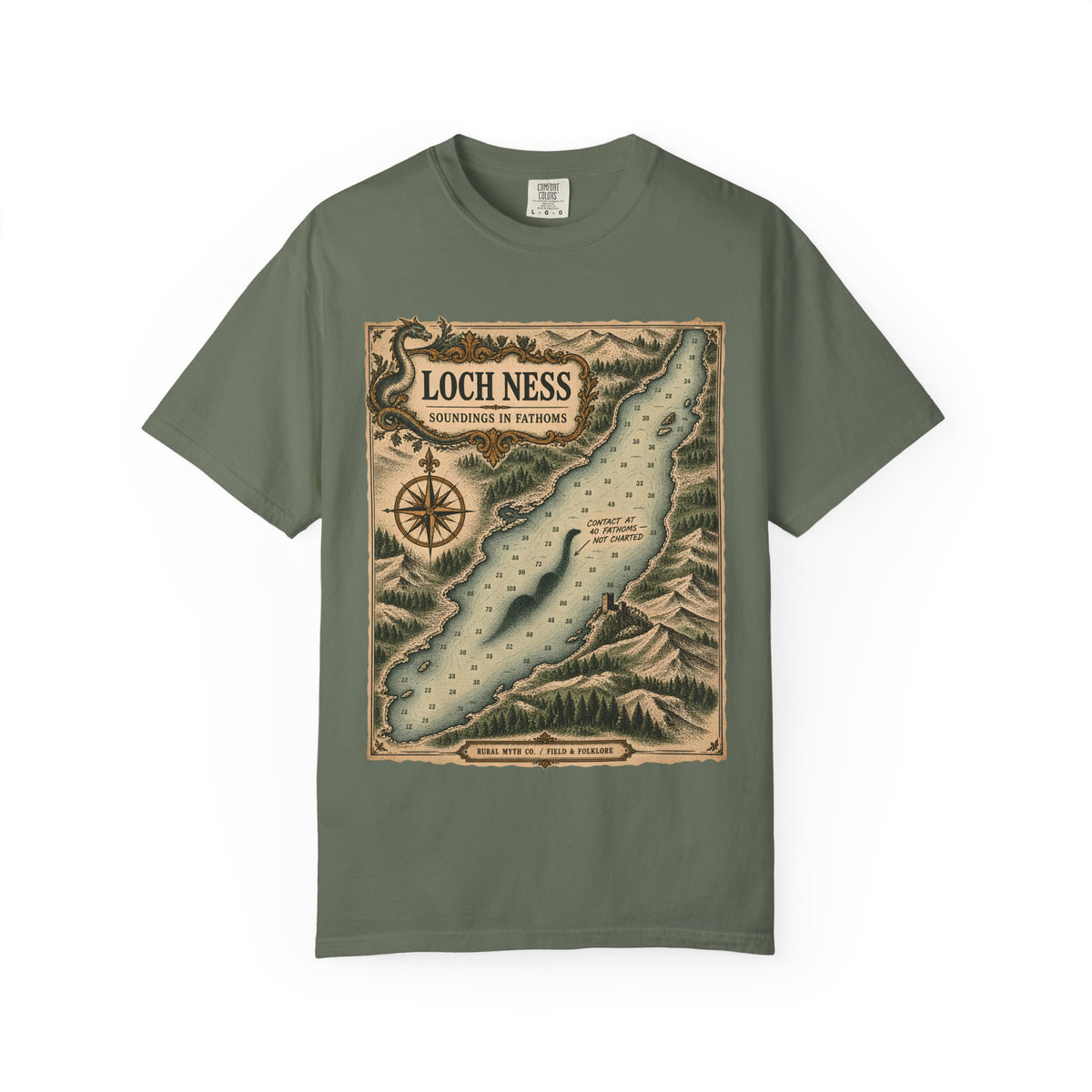 Loch Ness Nautical Chart T-Shirt in Moss, front view