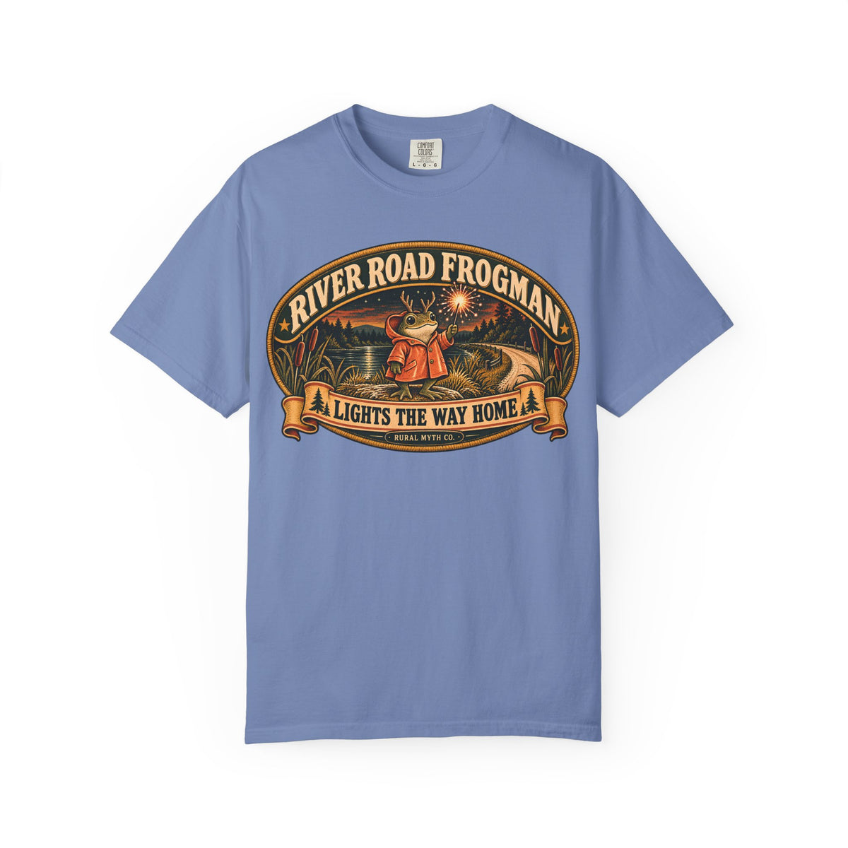 Frogman Lights the Way T-Shirt in Washed Denim, front view