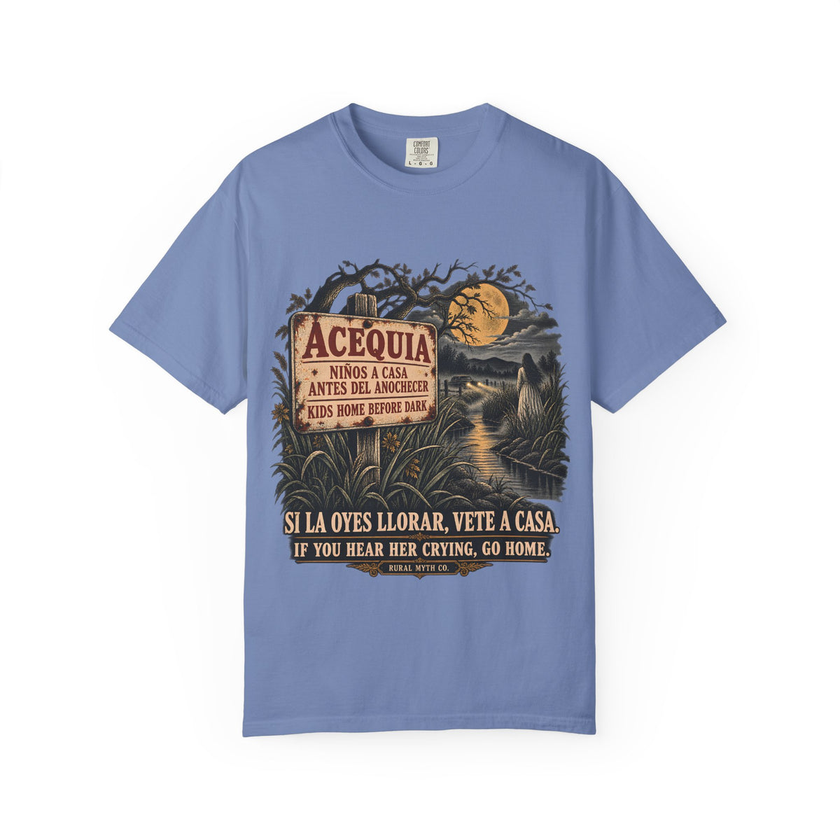 La Llorona Acequia Sign T-Shirt in Washed Denim, front view
