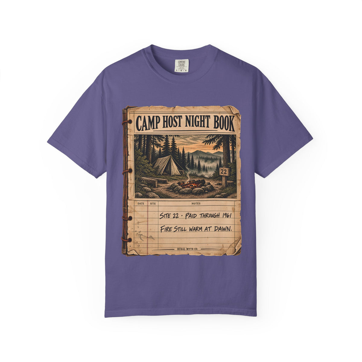 Haunted Campground Night Book T-Shirt in Grape, front view