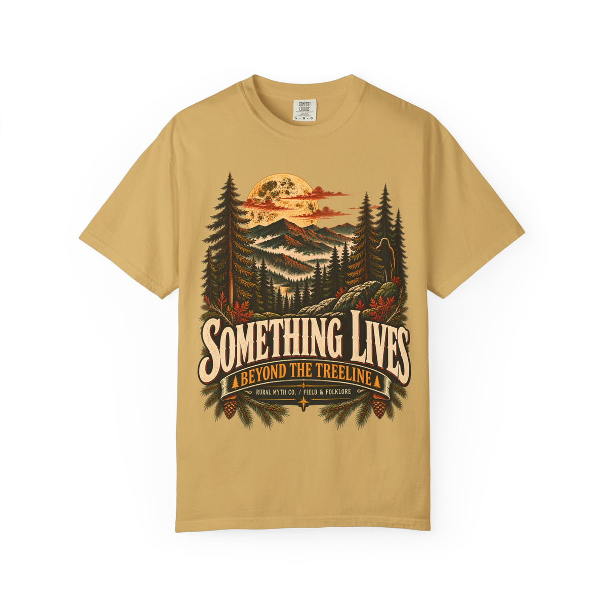 Beyond the Treeline Bigfoot T-Shirt in Mustard, front view