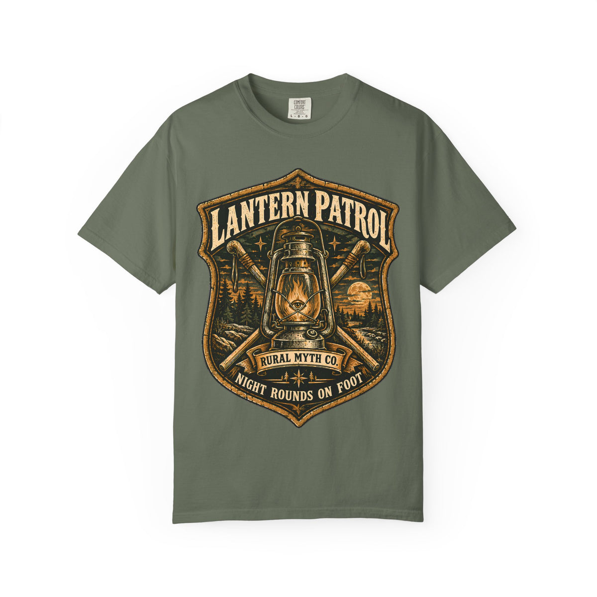 Lantern Patrol Ranger Patch T-Shirt in Moss, front view