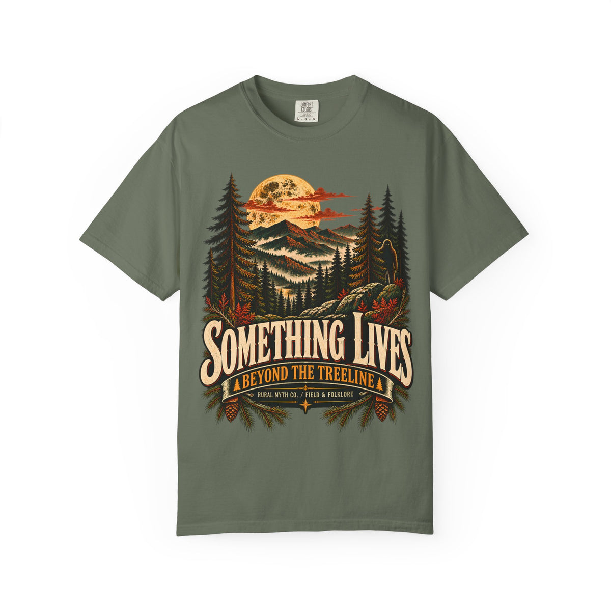 Beyond the Treeline Bigfoot T-Shirt in Moss, front view