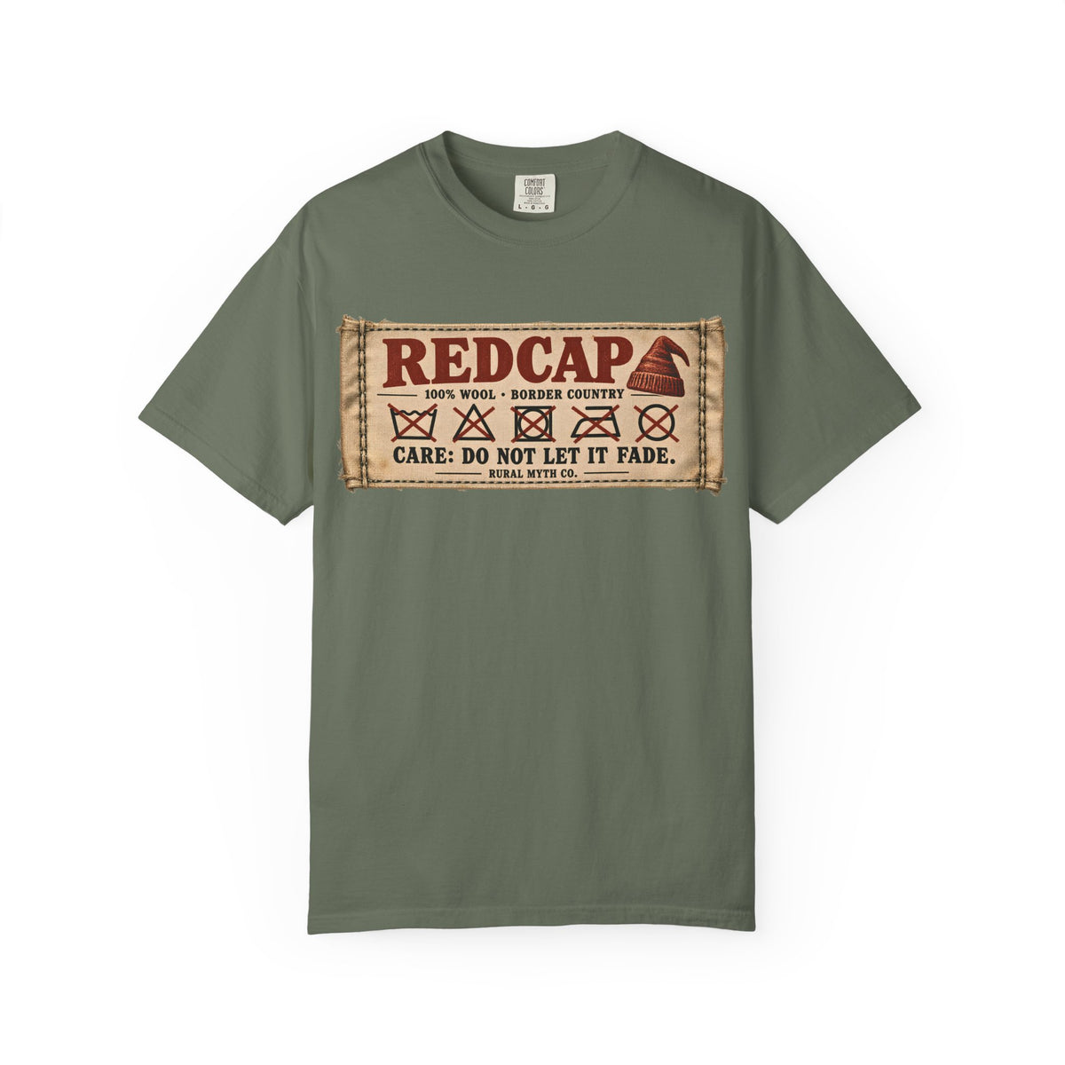 Redcap Care Label T-Shirt in Moss, front view