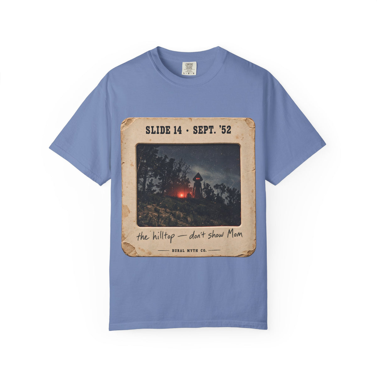Flatwoods Monster Slide T-Shirt in Washed Denim, front view
