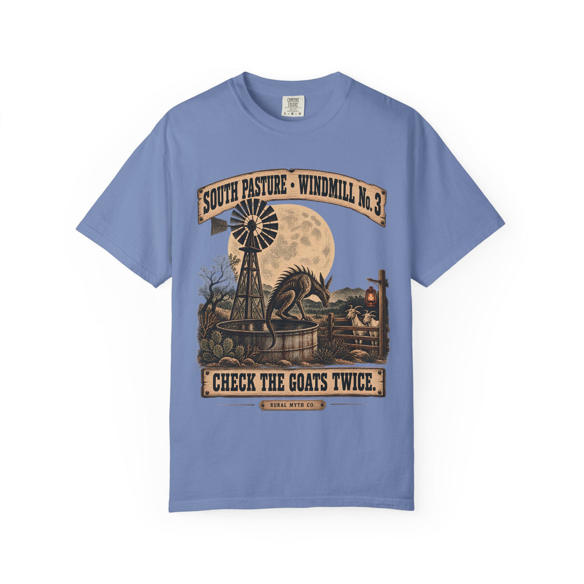 Chupacabra Ranch Windmill T-Shirt in Washed Denim, front view