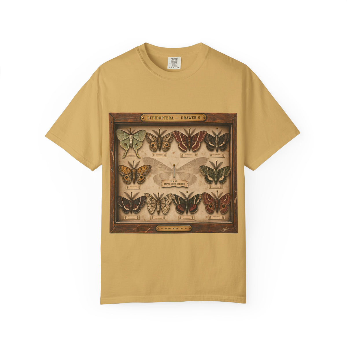 Mothman Specimen Drawer T-Shirt in Mustard, front view