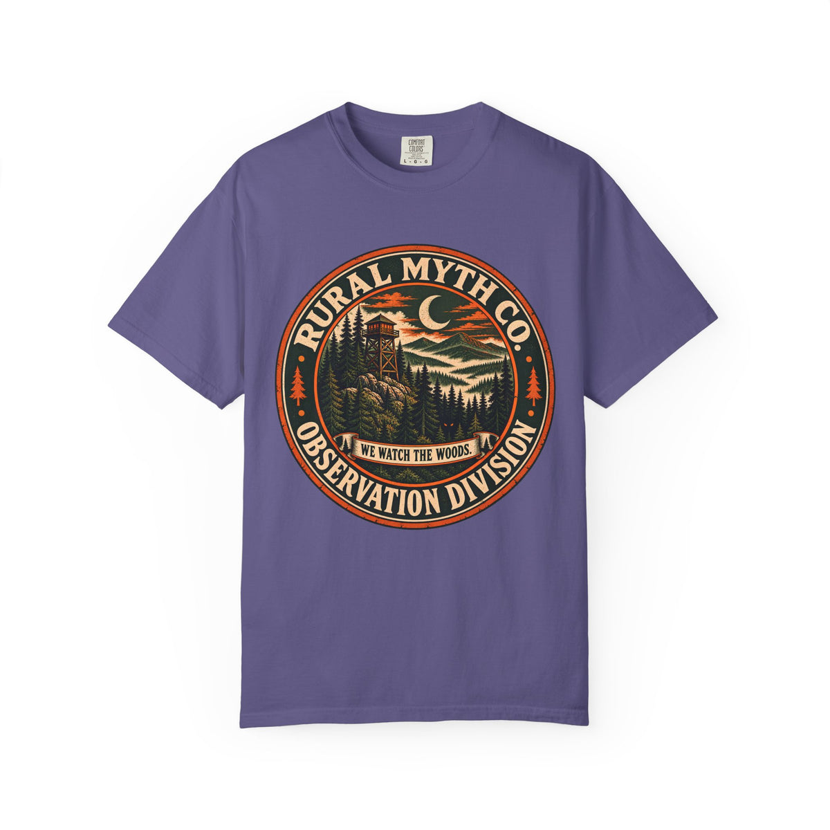 Fire Lookout Cryptid Badge T-Shirt in Grape, front view