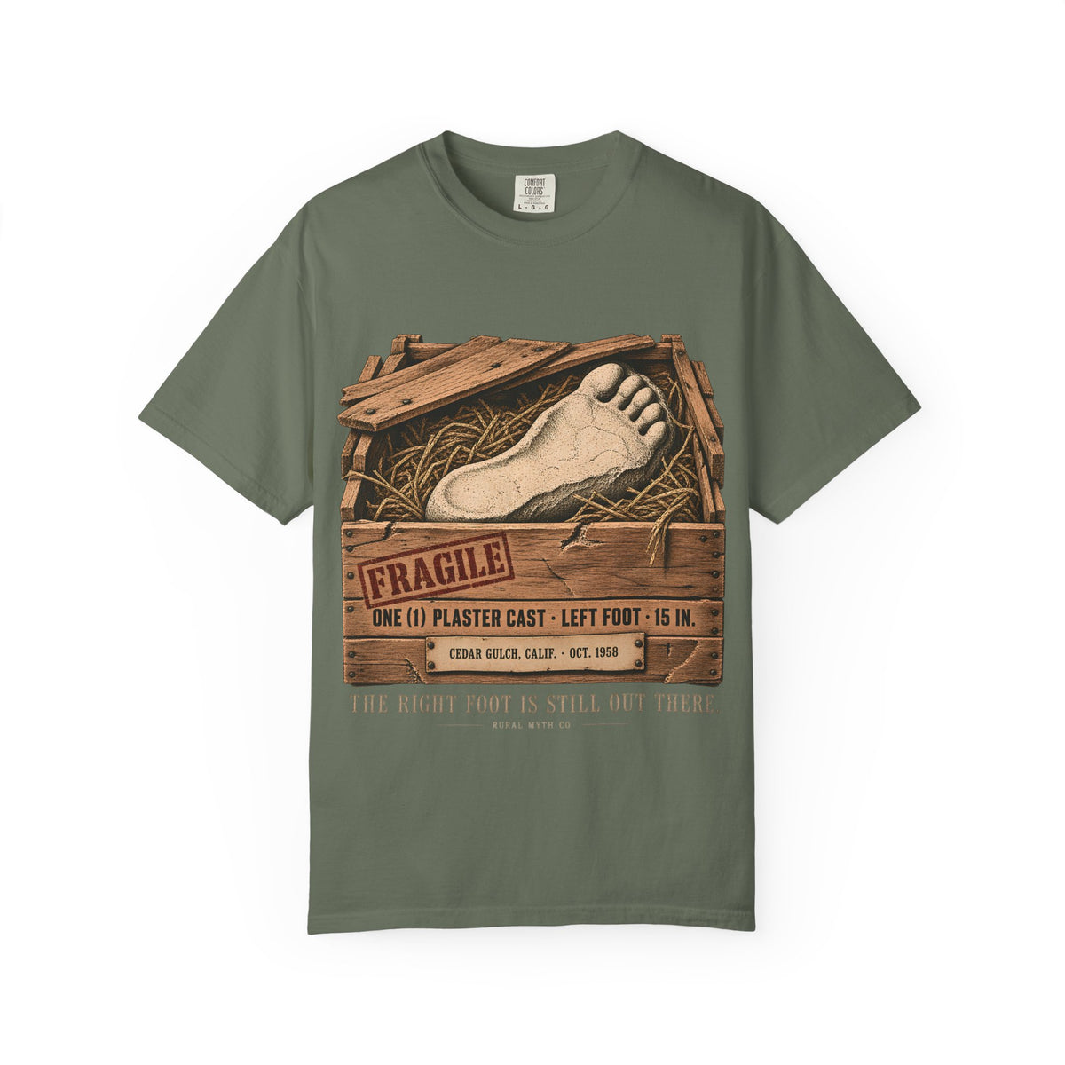 Bigfoot Plaster Cast Crate T-Shirt in Moss, front view