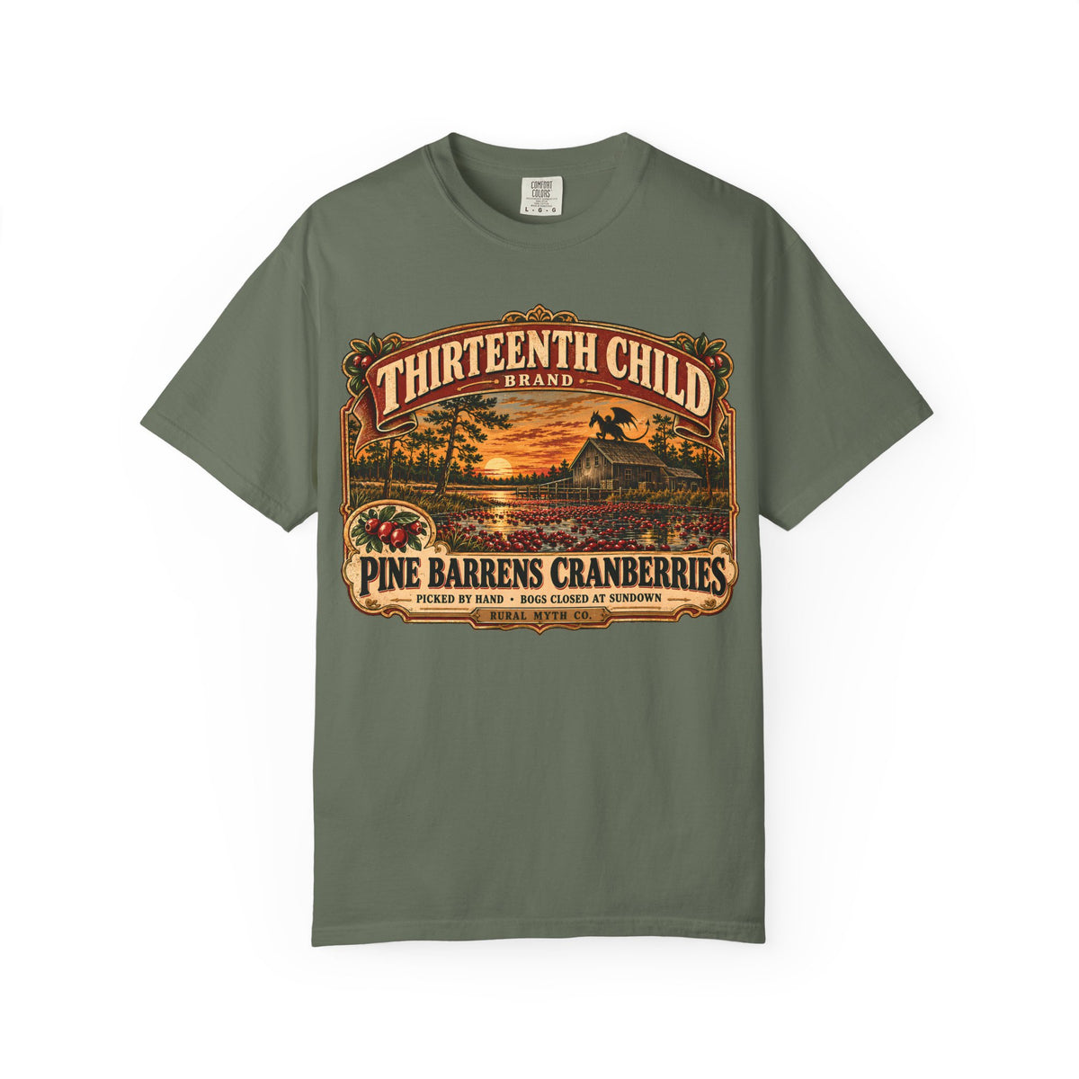 Jersey Devil Cranberry Label T-Shirt in Moss, front view
