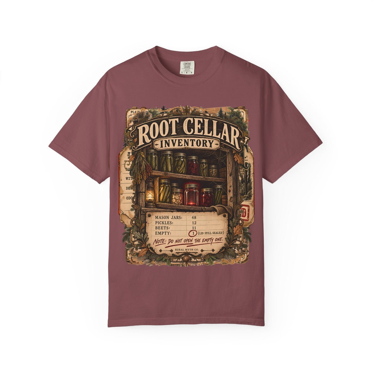 Root Cellar Inventory T-Shirt in Brick, front view