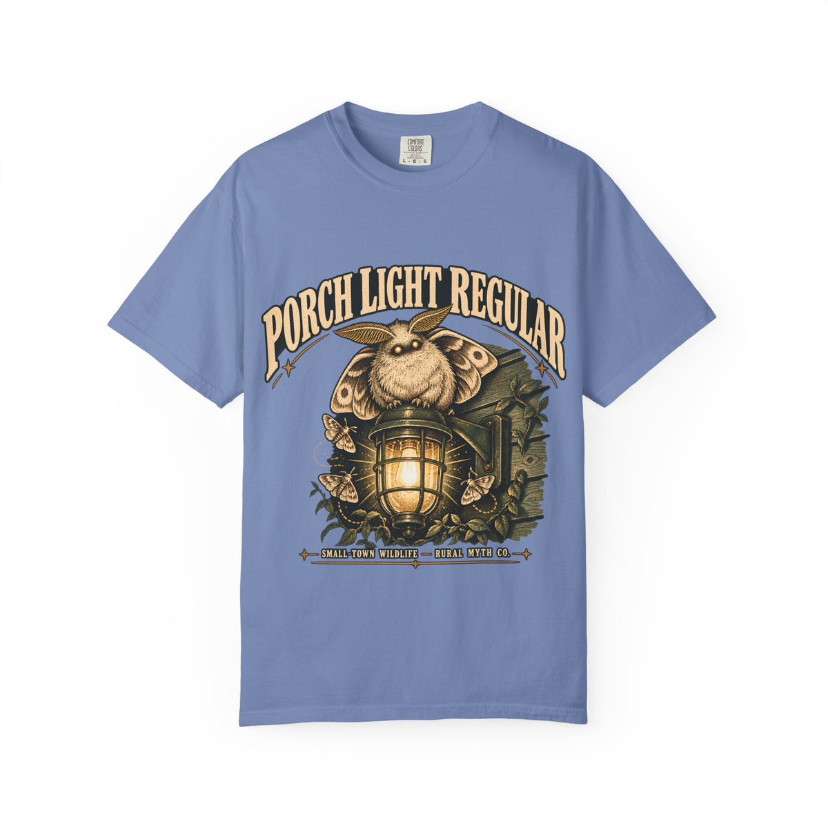 Porch Light Moth T-Shirt in Washed Denim, front view