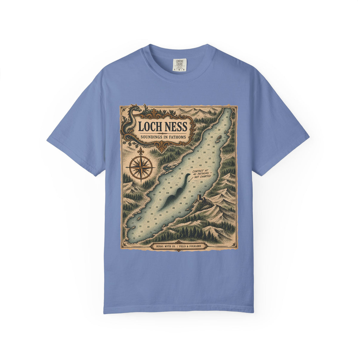Loch Ness Nautical Chart T-Shirt in Washed Denim, front view