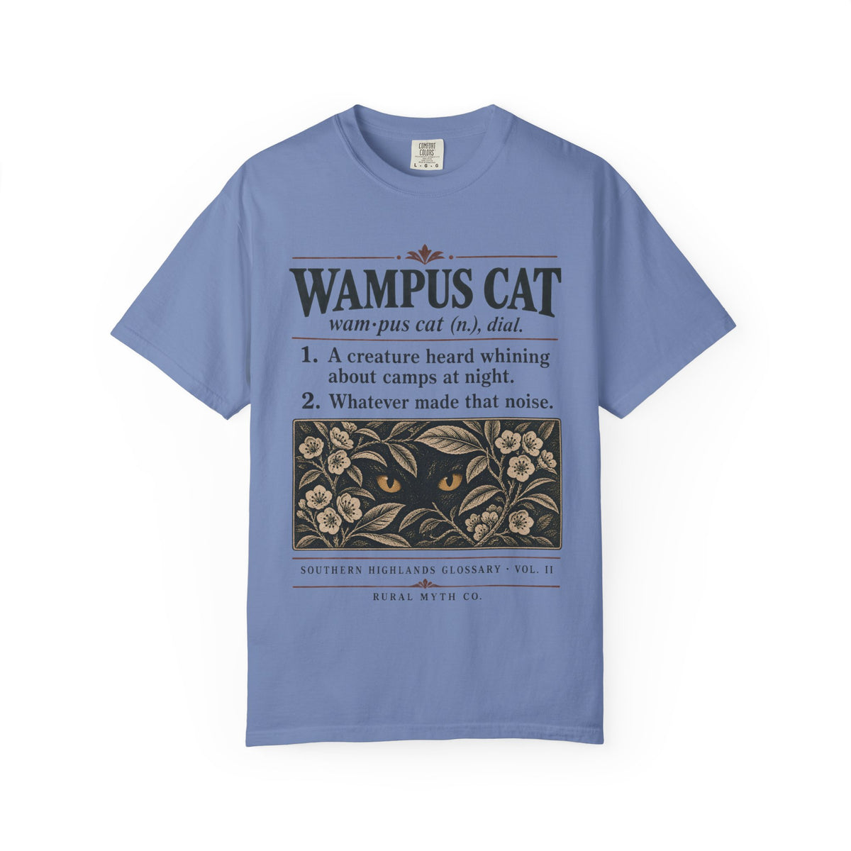 Wampus Cat Glossary T-Shirt in Washed Denim, front view