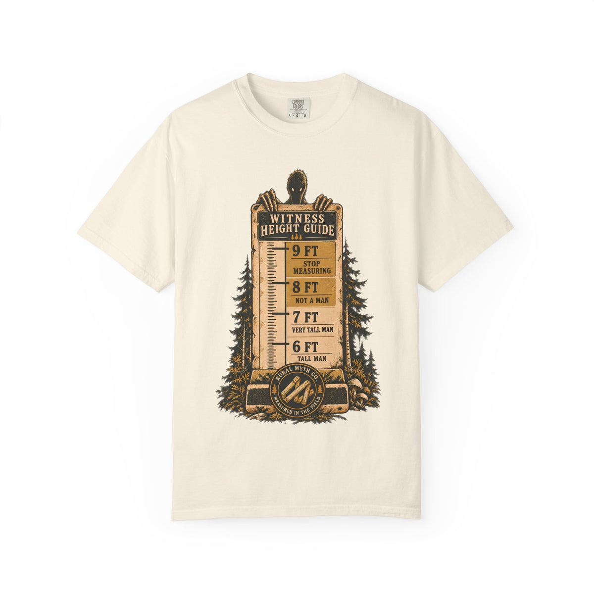 Bigfoot Witness Height Guide T-Shirt in Ivory, front view