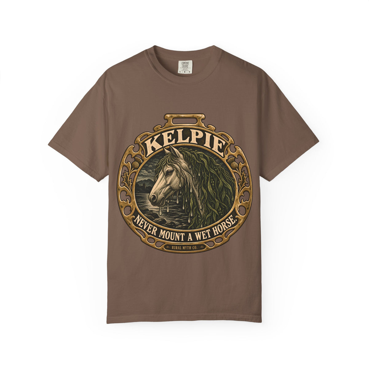 Never Mount a Kelpie T-Shirt in Espresso, front view