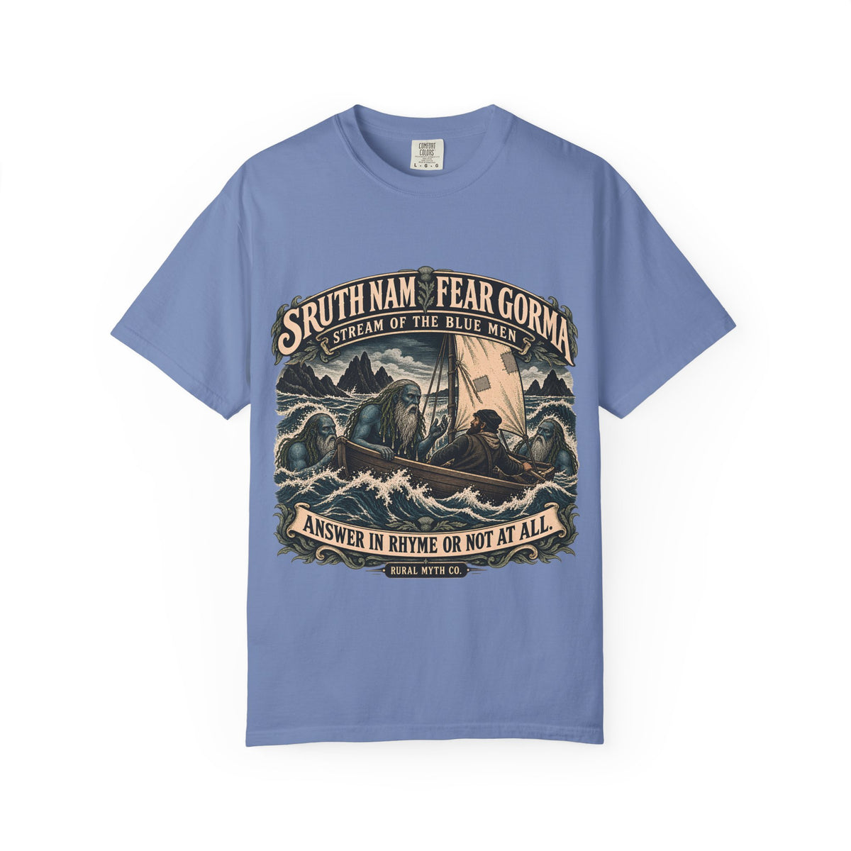 Blue Men Sea Folklore T-Shirt in Washed Denim, front view