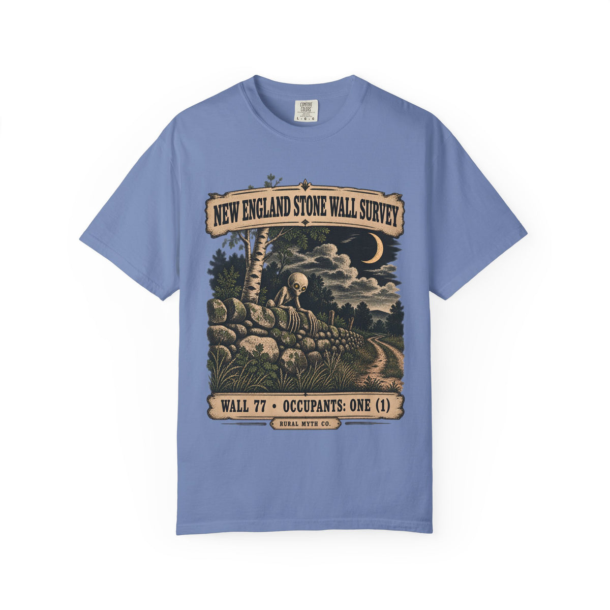 Dover Demon Stone Wall T-Shirt in Washed Denim, front view
