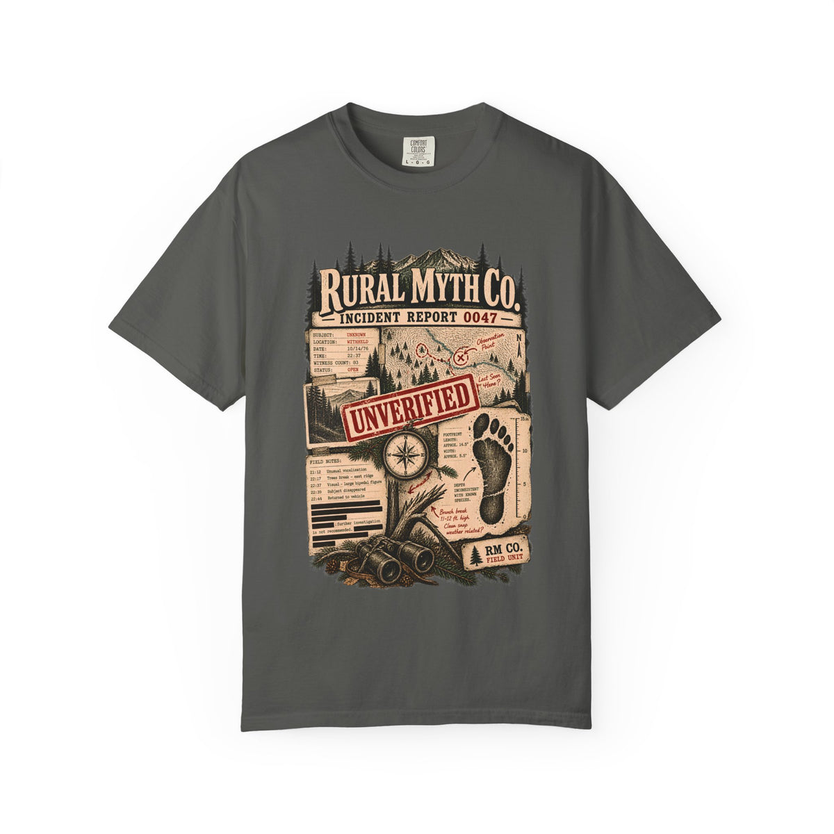 Cryptid Incident Report T-Shirt in Pepper, front view