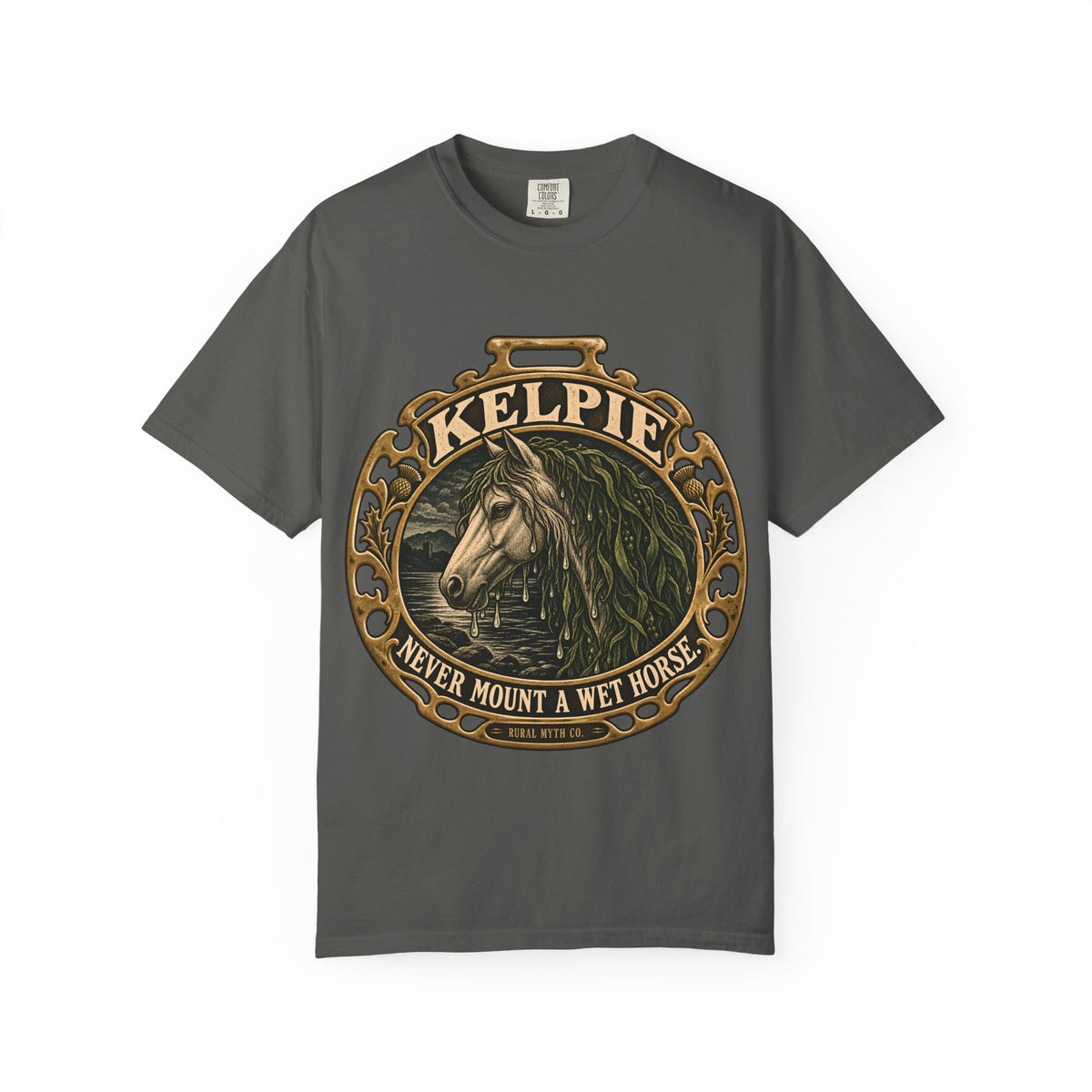 Never Mount a Kelpie T-Shirt in Pepper, front view