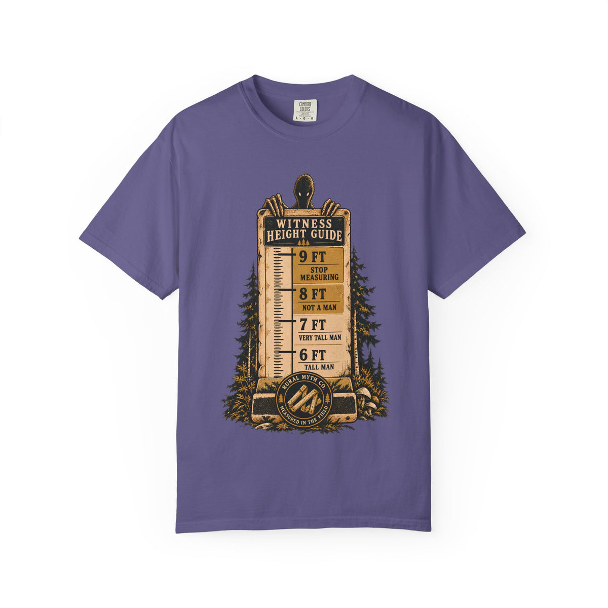 Bigfoot Witness Height Guide T-Shirt in Grape, front view
