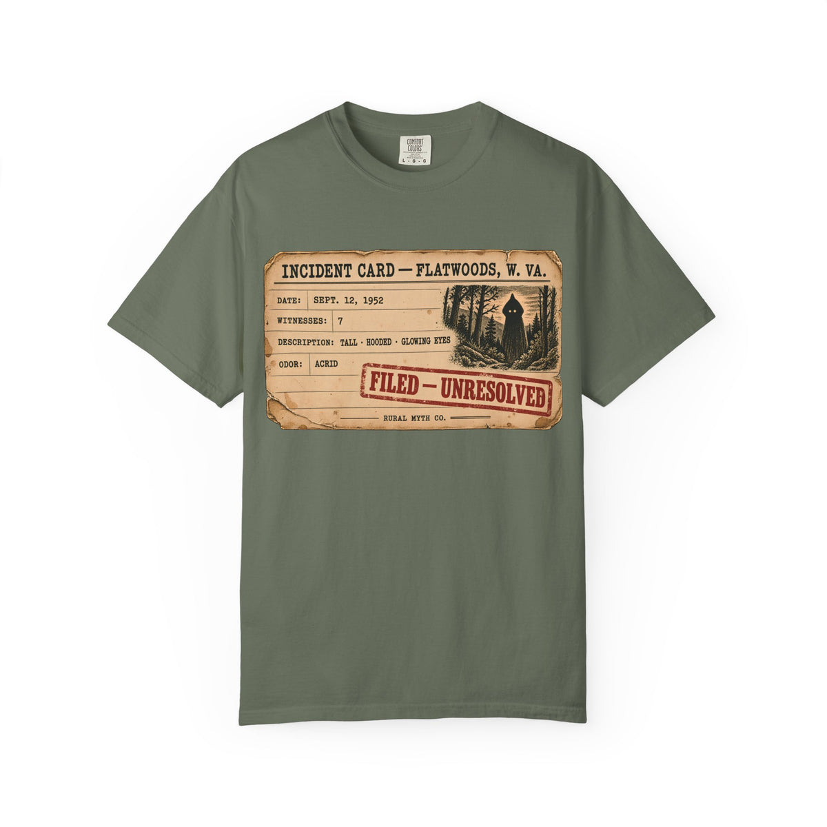 Flatwoods Monster Incident Card T-Shirt in Moss, front view