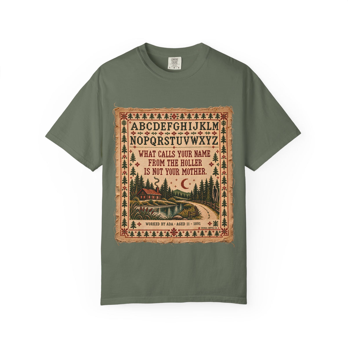 Ada's Cross-Stitch Sampler T-Shirt in Moss, front view