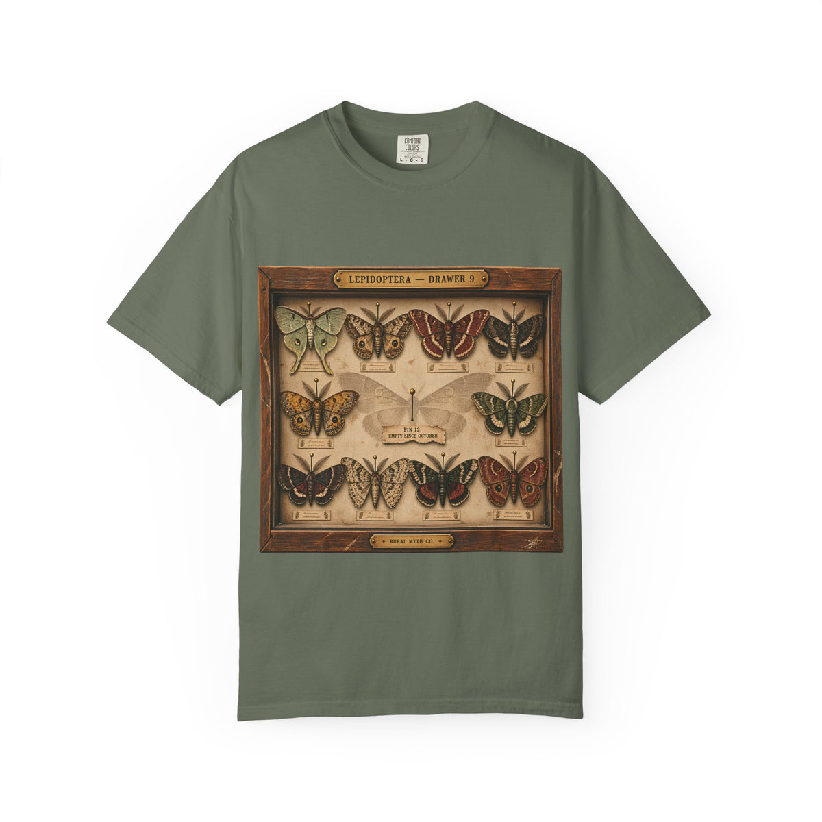 Mothman Specimen Drawer T-Shirt in Moss, front view