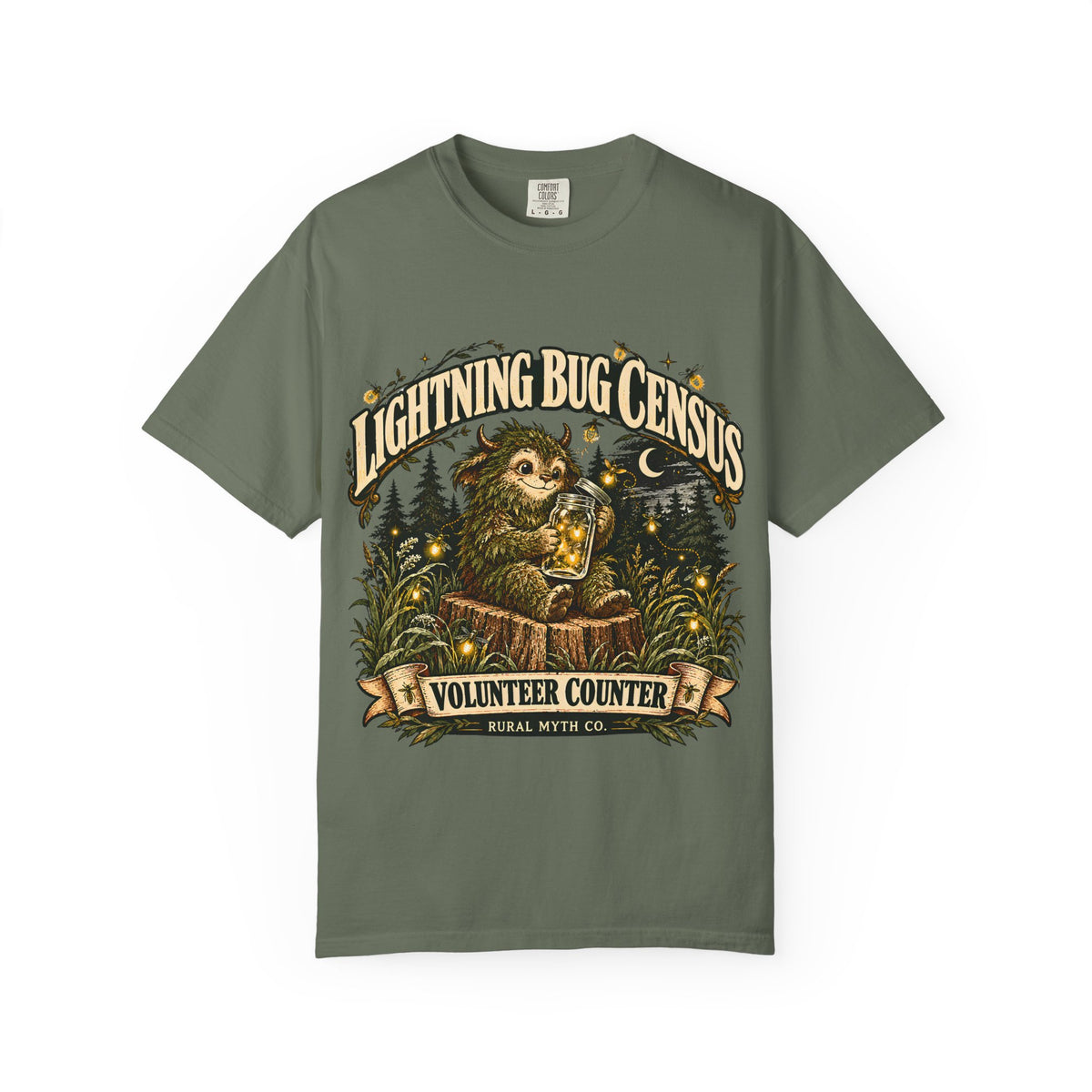 Lightning Bug Census T-Shirt in Moss, front view