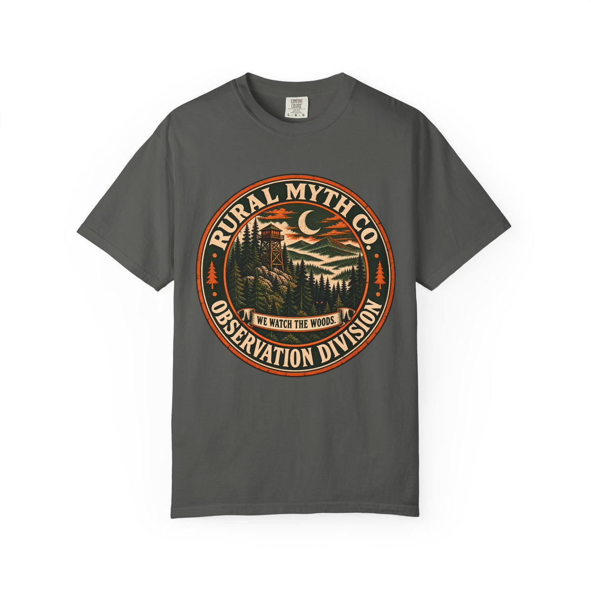 Fire Lookout Cryptid Badge T-Shirt in Pepper, front view