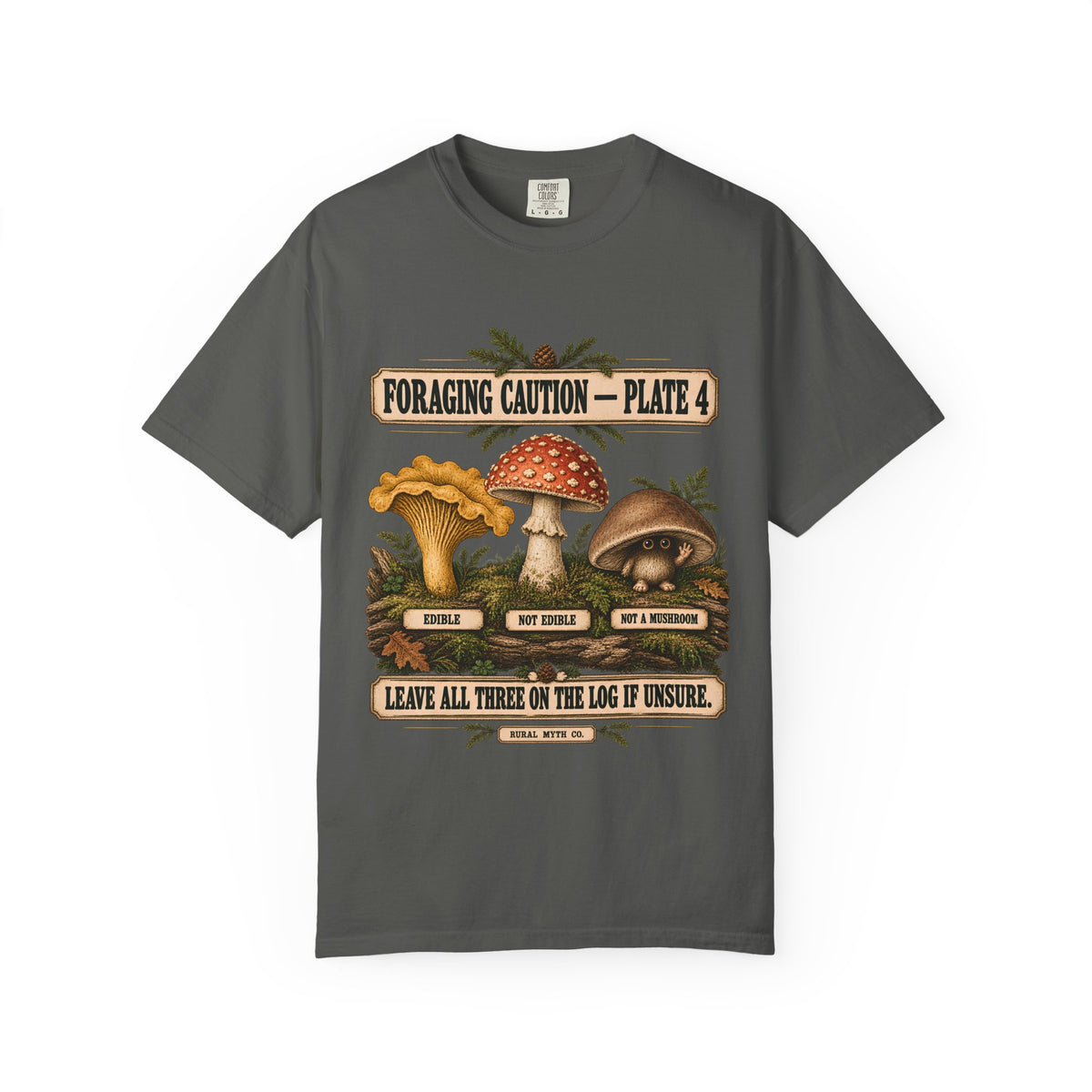 Mushroom Foraging Caution T-Shirt in Pepper, front view