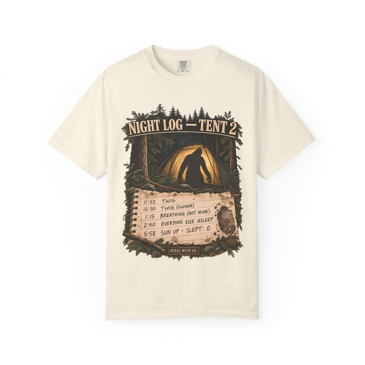 Bigfoot Camping Night Log T-Shirt in Ivory, front view