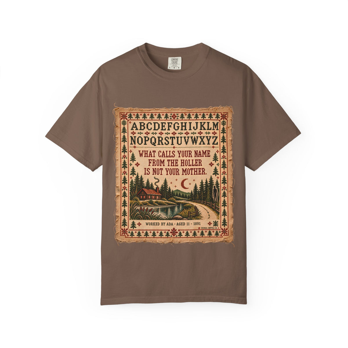 Ada's Cross-Stitch Sampler T-Shirt in Espresso, front view
