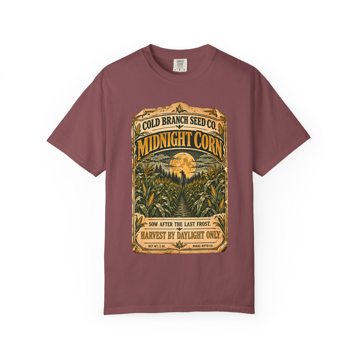 Midnight Corn Seed Packet T-Shirt in Brick, front view