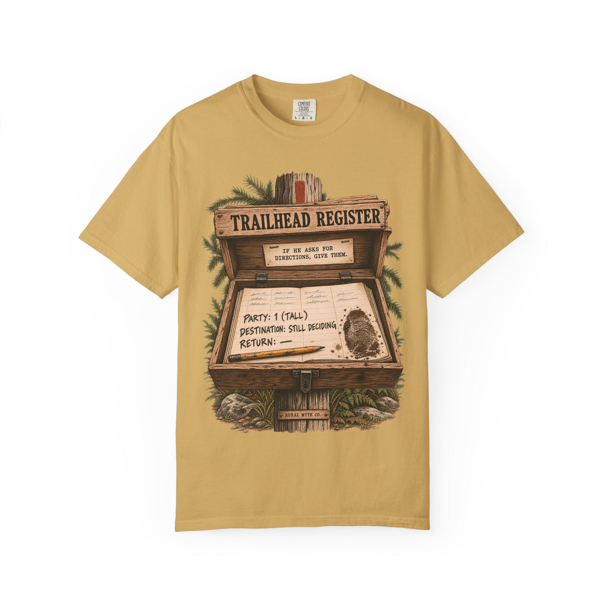 Bigfoot Trailhead Register T-Shirt in Mustard, front view