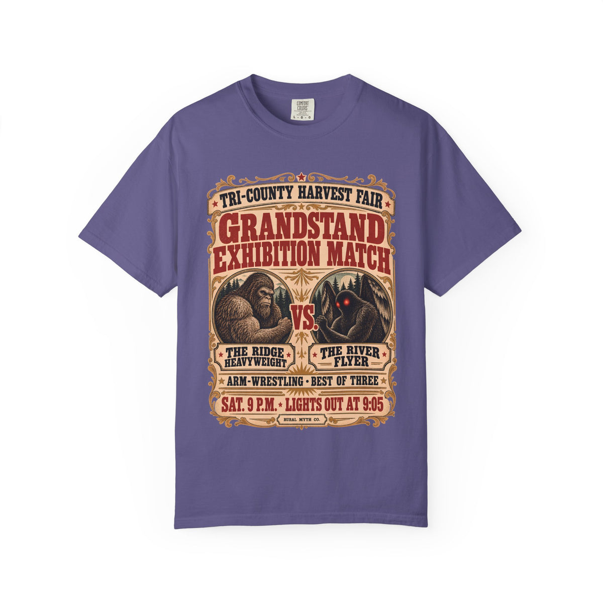 Bigfoot vs Mothman T-Shirt in Grape, front view