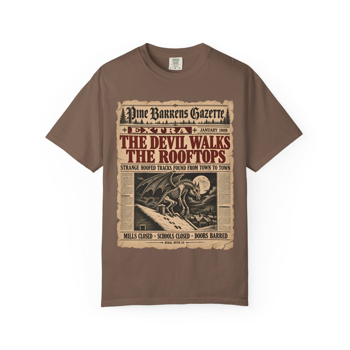 Jersey Devil Gazette Extra T-Shirt in Espresso, front view