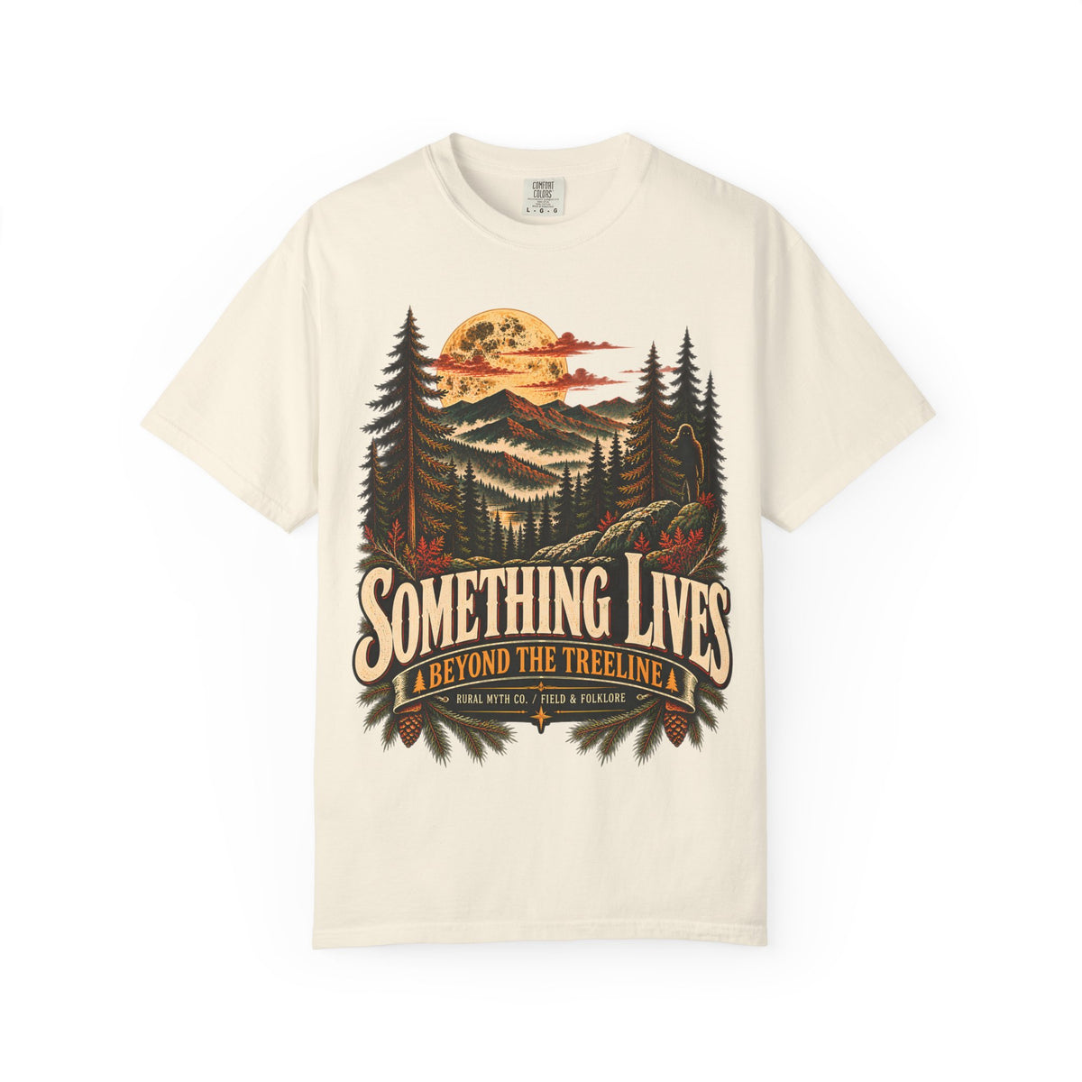 Beyond the Treeline Bigfoot T-Shirt in Ivory, front view