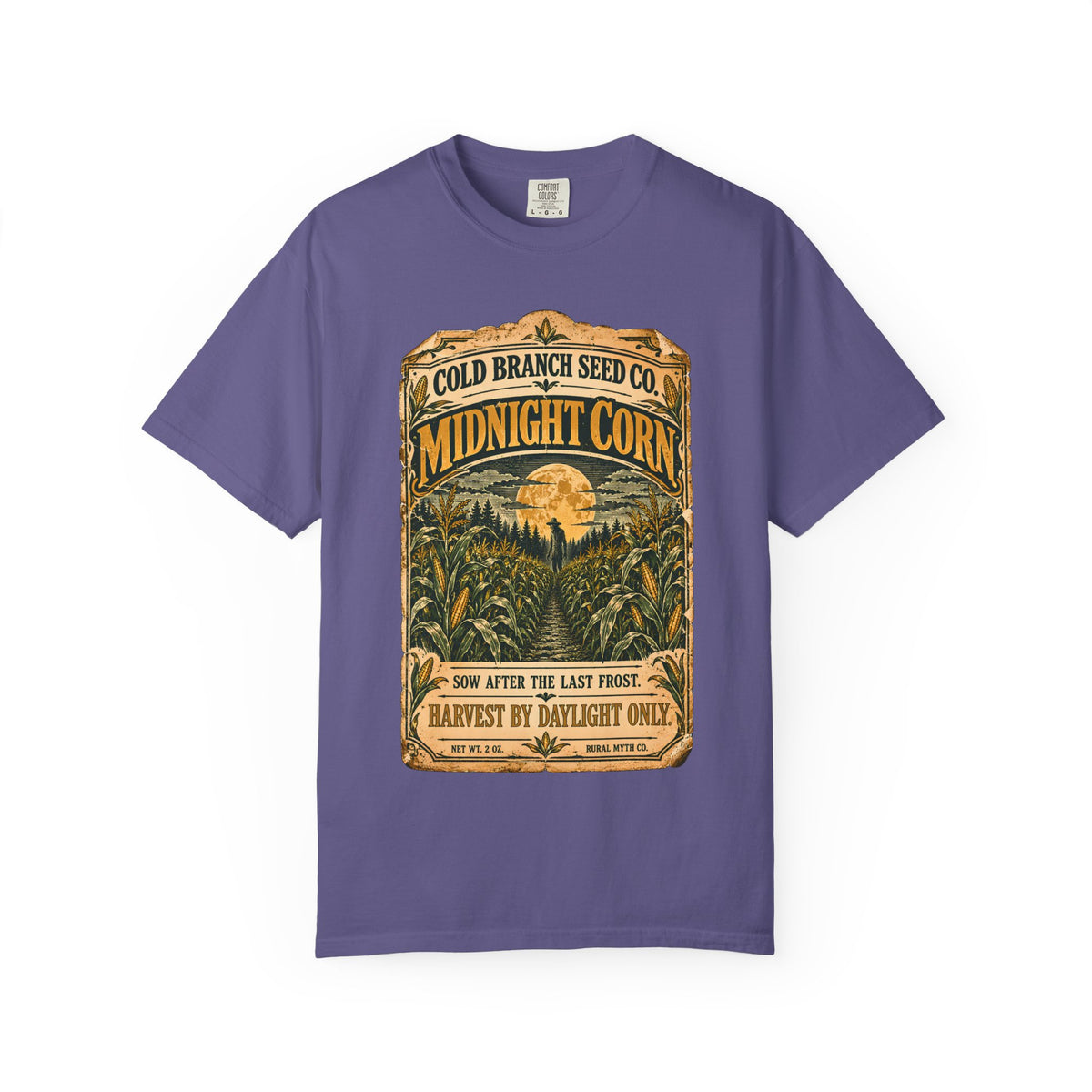 Midnight Corn Seed Packet T-Shirt in Grape, front view
