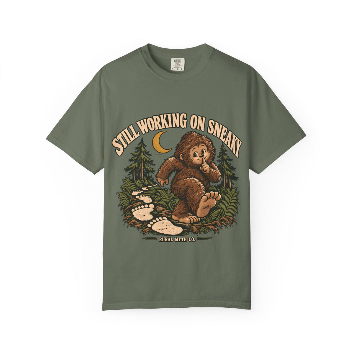 Sneaky Baby Sasquatch T-Shirt in Moss, front view