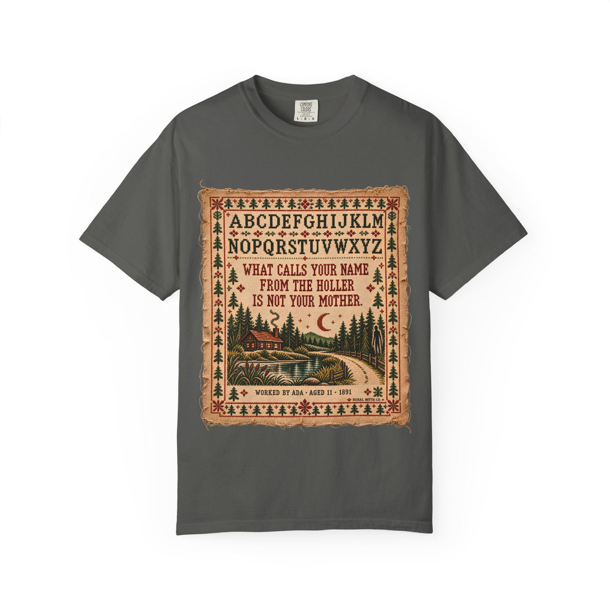 Ada's Cross-Stitch Sampler T-Shirt in Pepper, front view