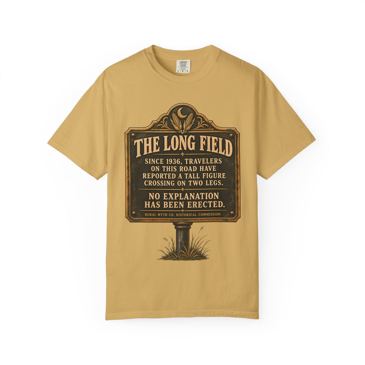 Cryptid Sighting Historical Marker T-Shirt in Mustard, front view