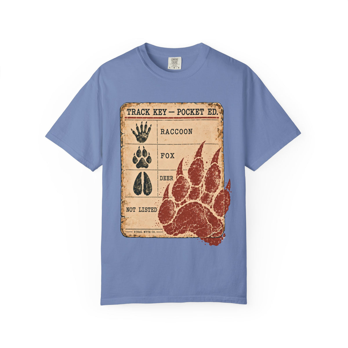 Cryptid Track Key T-Shirt in Washed Denim, front view