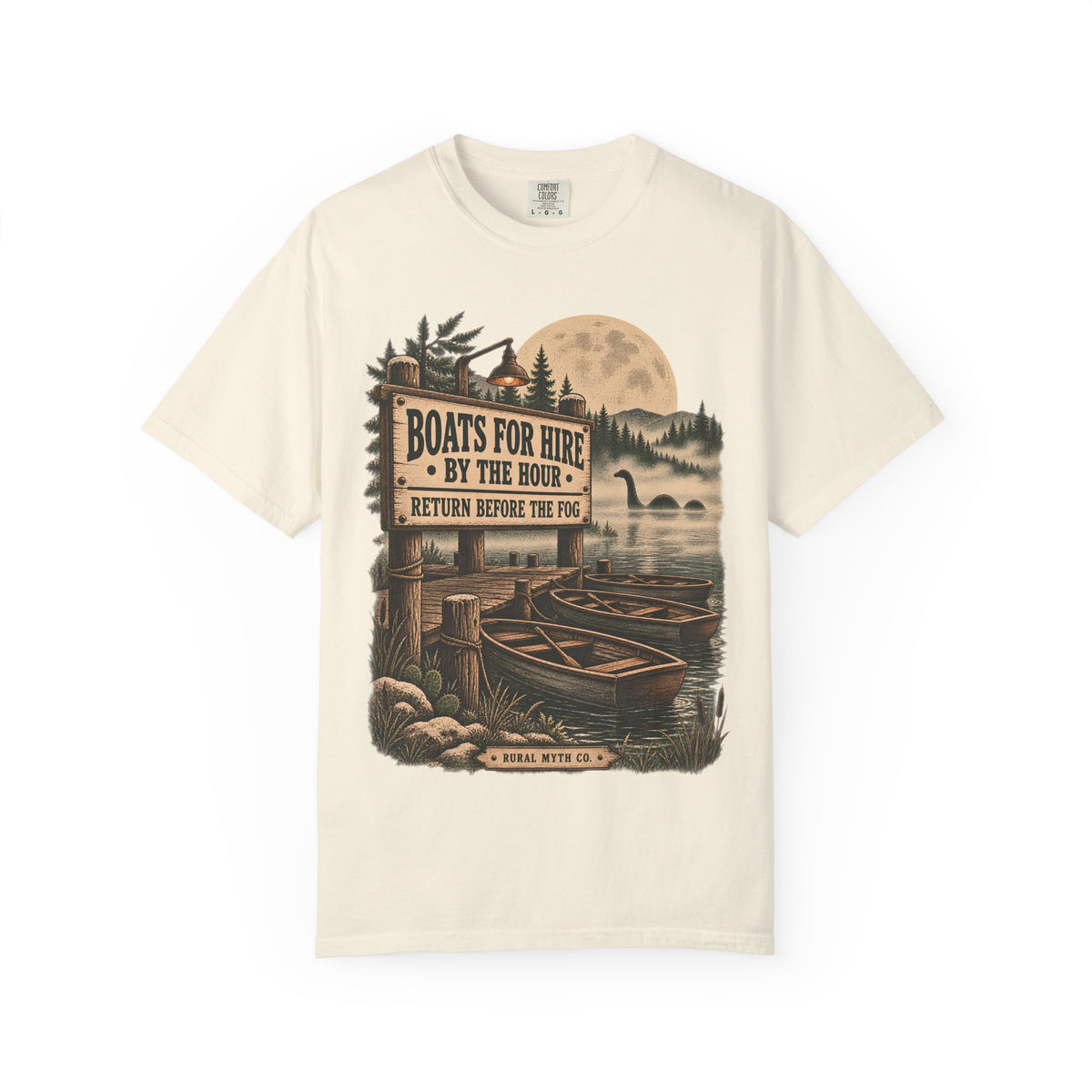 Lake Monster Boat Dock T-Shirt in Ivory, front view
