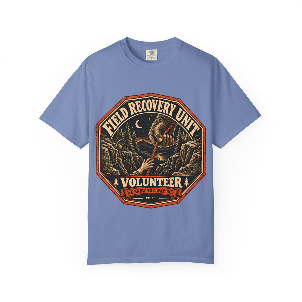 Bigfoot Rescue Patch T-Shirt in Washed Denim, front view