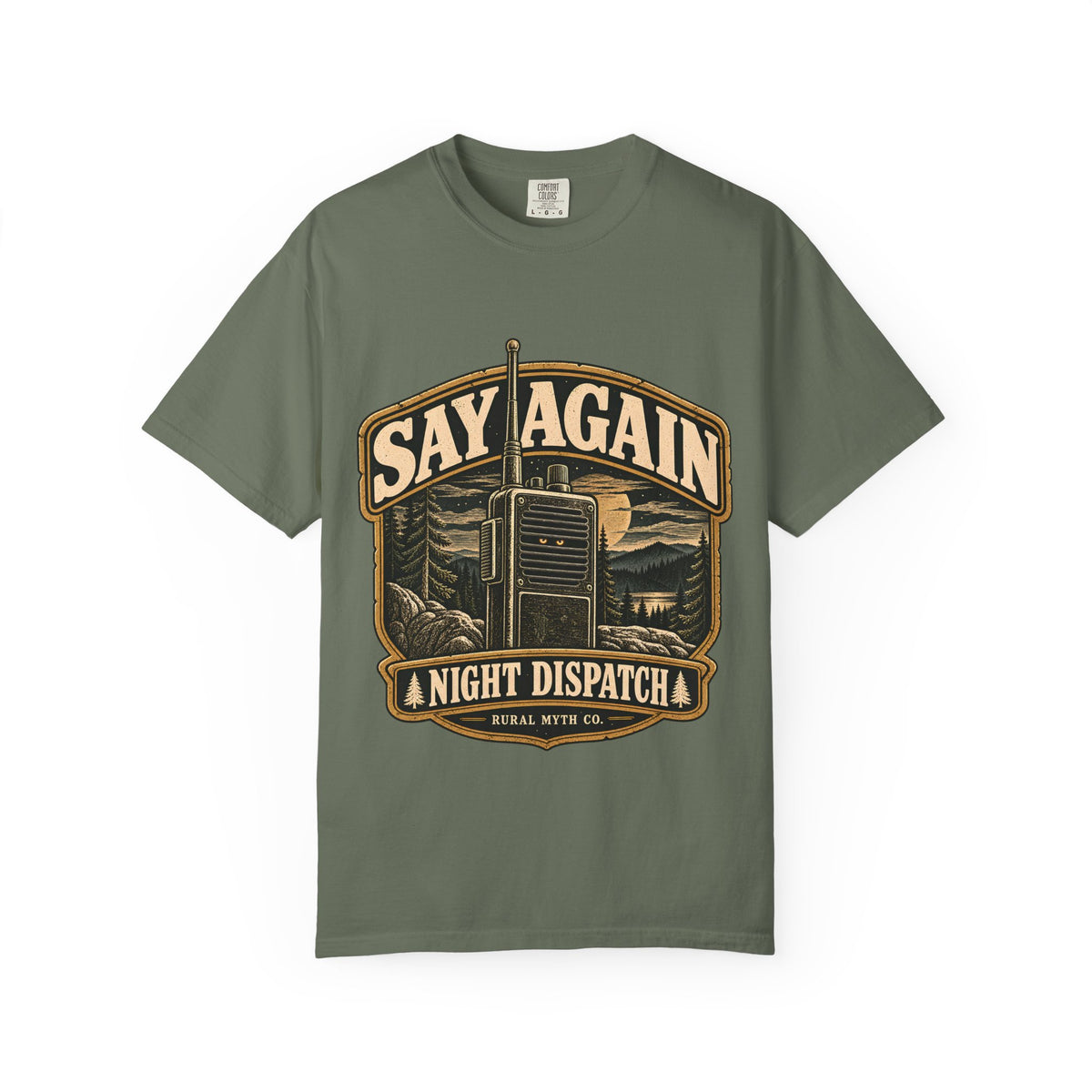 Say Again Night Dispatch T-Shirt in Moss, front view