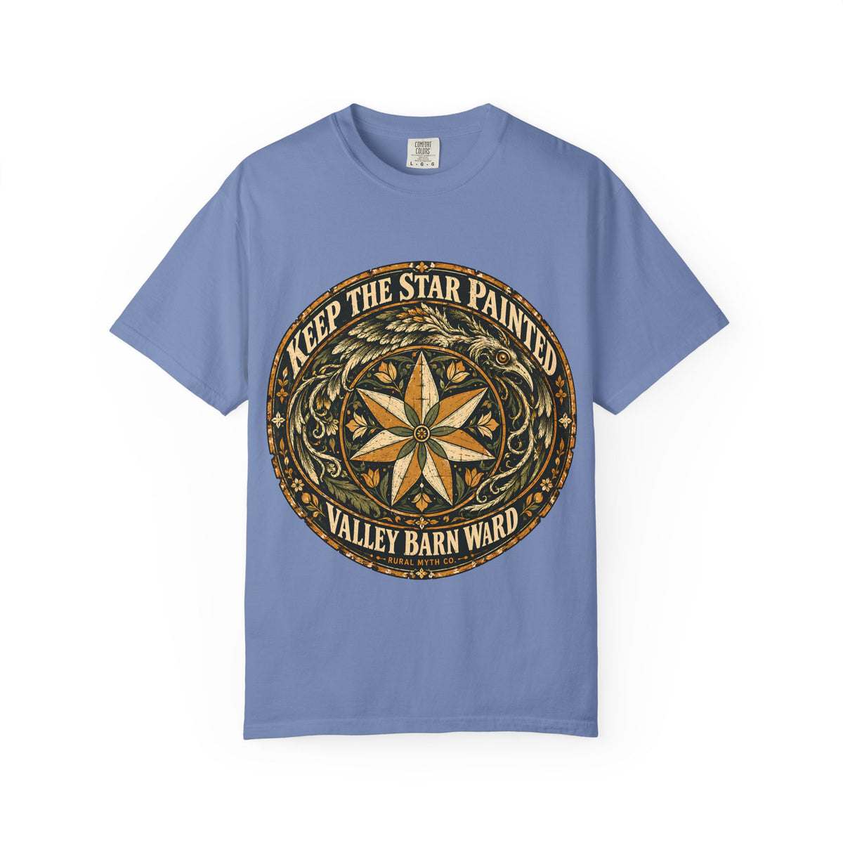 Snallygaster Barn Star T-Shirt in Washed Denim, front view