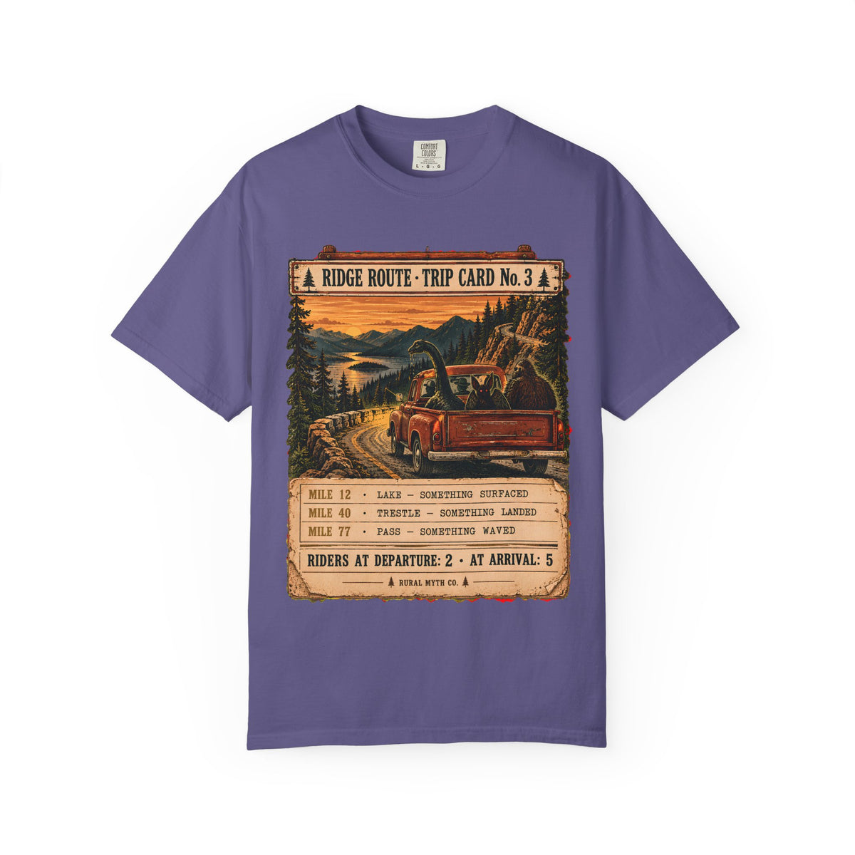 Cryptid Hitchhikers Pickup Truck T-Shirt in Grape, front view
